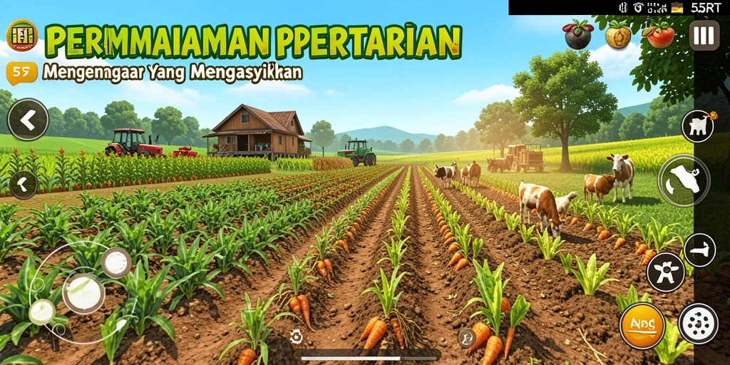 Screenshot utama menampilkan gameplay seru dalam bertani.