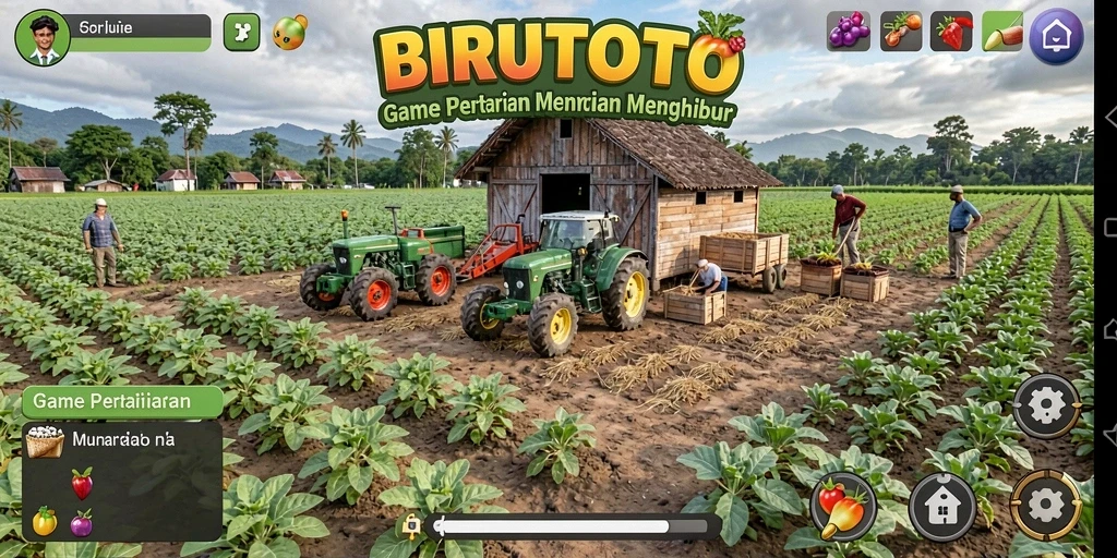 Tampilan indah lahan pertanian di BIRUTOTO dengan tanaman dan hewan.