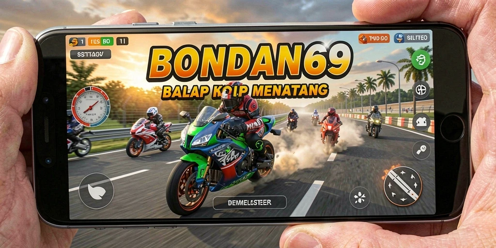 Screenshot gameplay BONDAN69 menampilkan balapan motor yang seru di trek menantang.