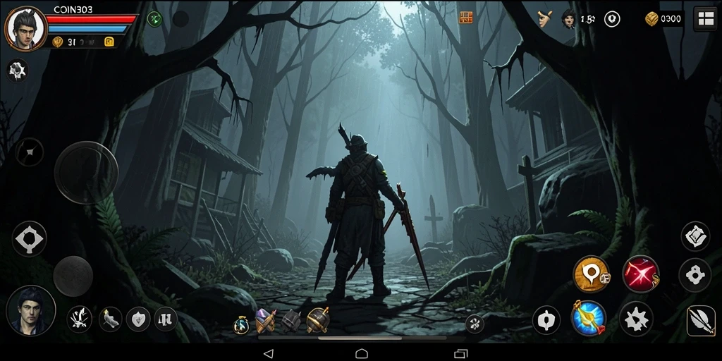 Screenshot gameplay COIN303 menampilkan suasana horror yang mendebarkan.