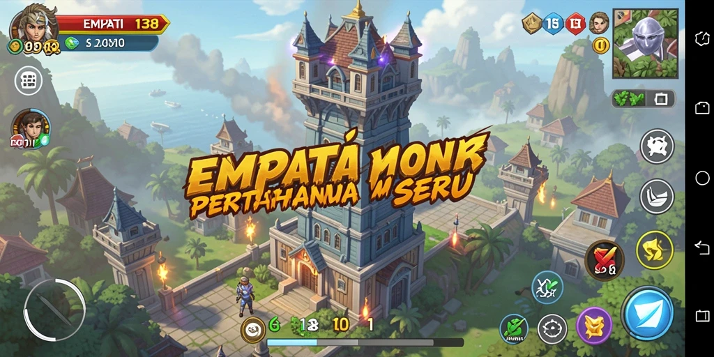 Screenshot dari gameplay EMPATI138 menampilkan menara dan strategi bertahan.