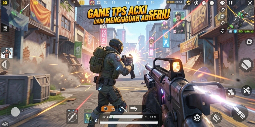 Screenshot utama HOYE55 menampilkan aksi tembak menembak yang memukau.