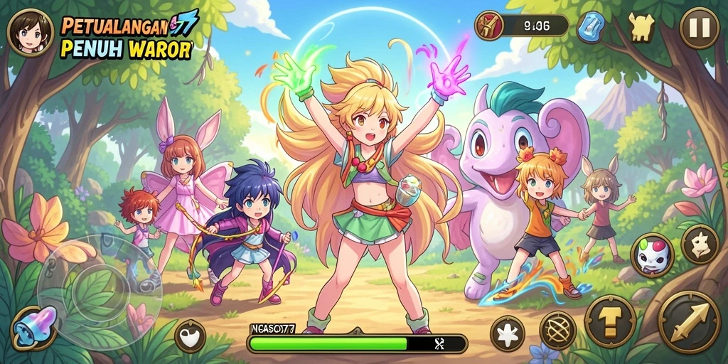 Tampilan gameplay mendebarkan dari NGASO77 dengan karakter anime ikonik.