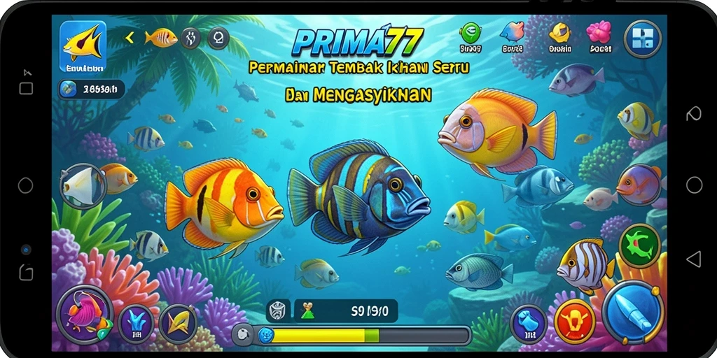 Screenshot PRIMA77 menampilkan aksi menembak ikan yang dinamis.