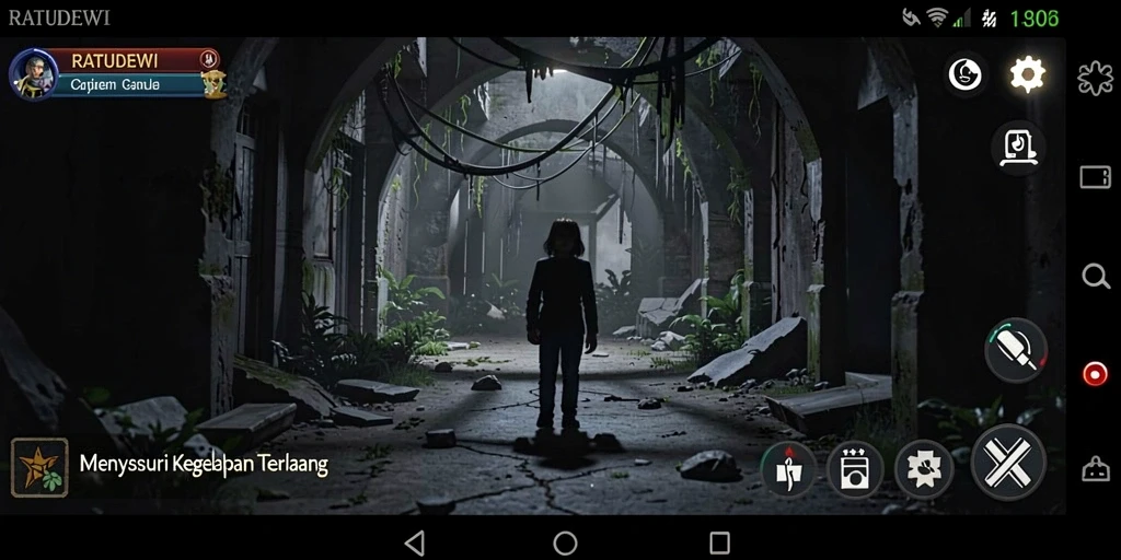 Screenshot gameplay RATUDEWI menampilkan aksi menegangkan di tengah kegelapan.
