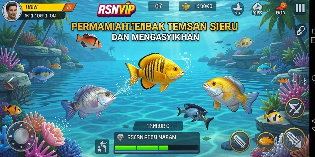 Screenshot gameplay RSNVIP dengan aksi tembak ikan yang menarik.