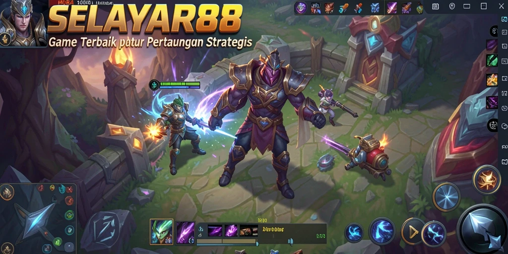 Screenshot gameplay SELAYAR88 menampilkan pertarungan tim yang mendebarkan di arena MOBA.