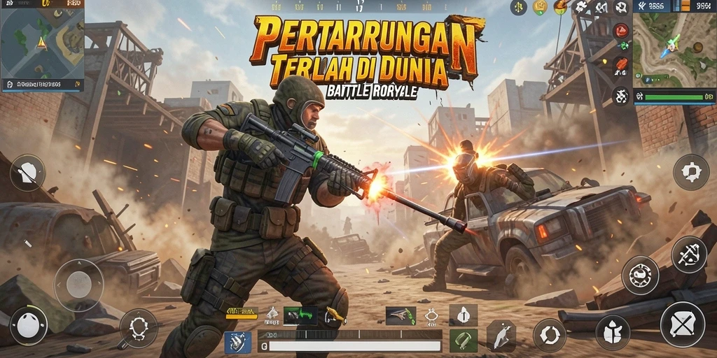 Screenshot gameplay SP666 menampilkan aksi pertempuran yang mendebarkan di arena Battle Royale.