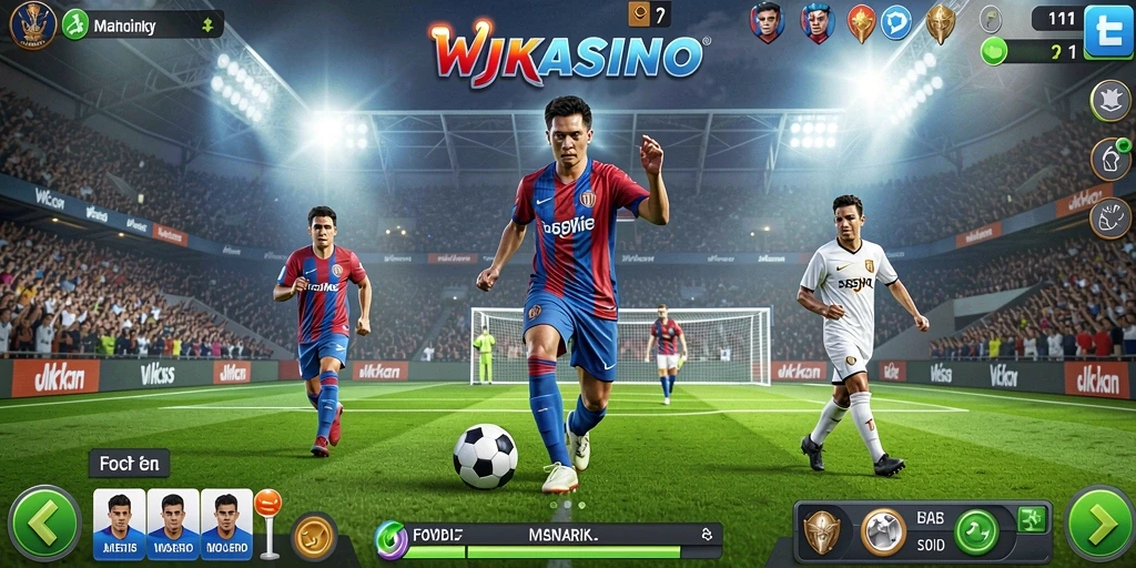 Screenshot gameplay WJKASINO menampilkan aksi seru di lapangan sepak bola.